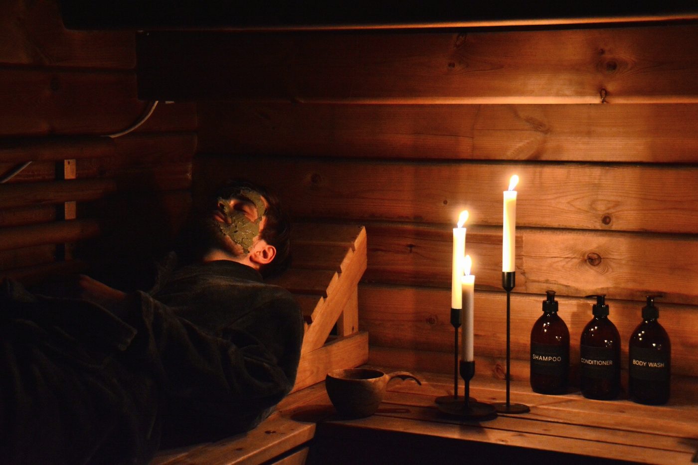 Candlelit wood-fired sauna at the Kauppinen homestead