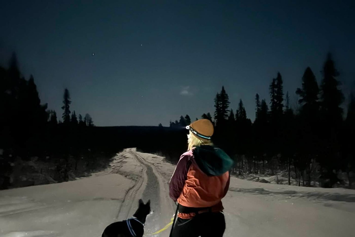 Snowshoeing through the Arctic night outside Kiruna